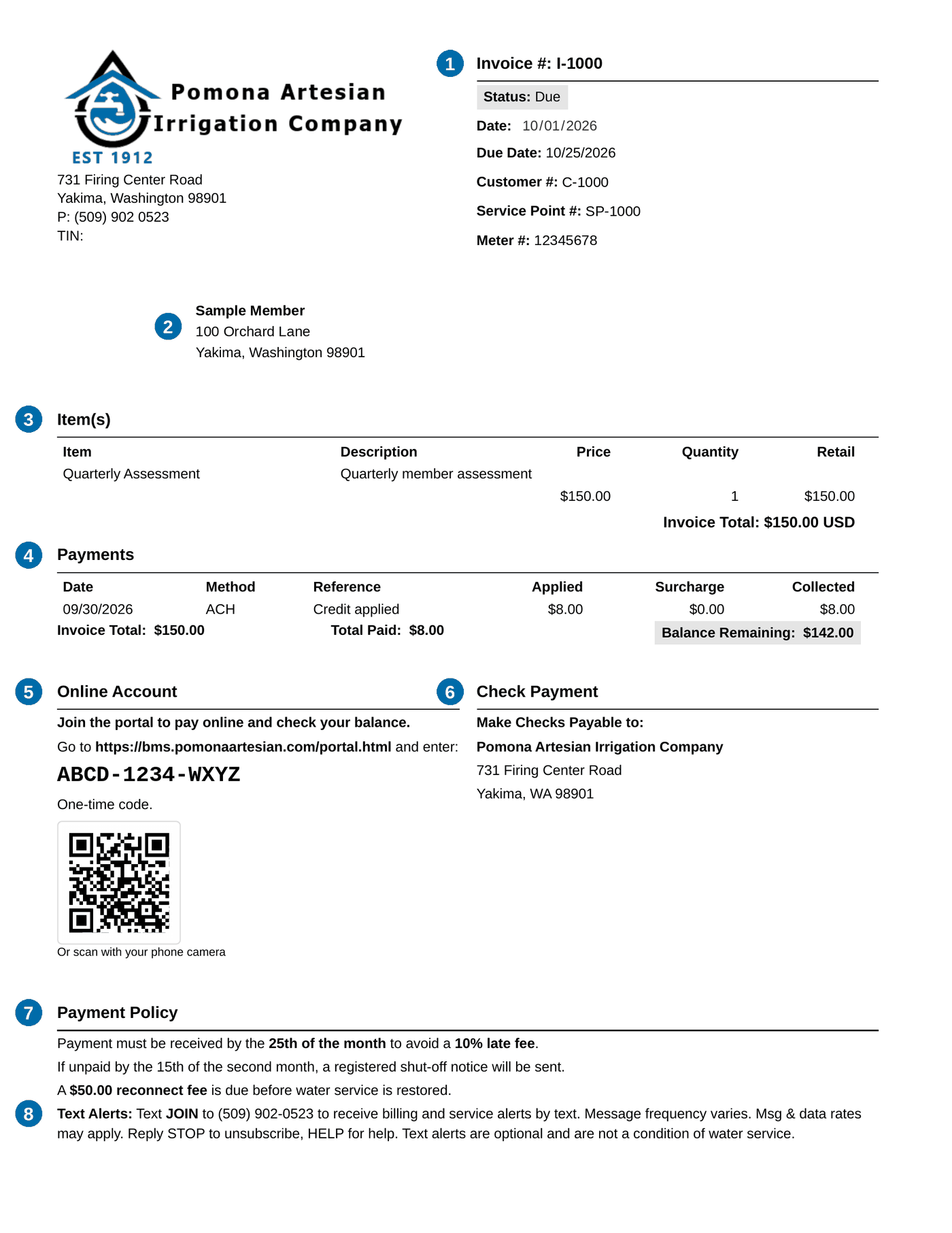 Sample Pomona Artesian quarterly water bill produced by BasicBMS water company billing software